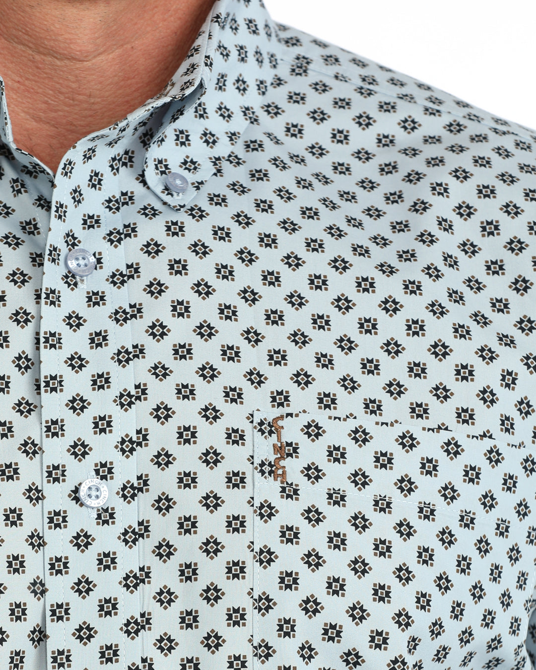 Cinch Mens Long Sleeve Print Modern Fit Shirt Light Blue button down collar with tonal logo embroidery at the pocket ranch wear