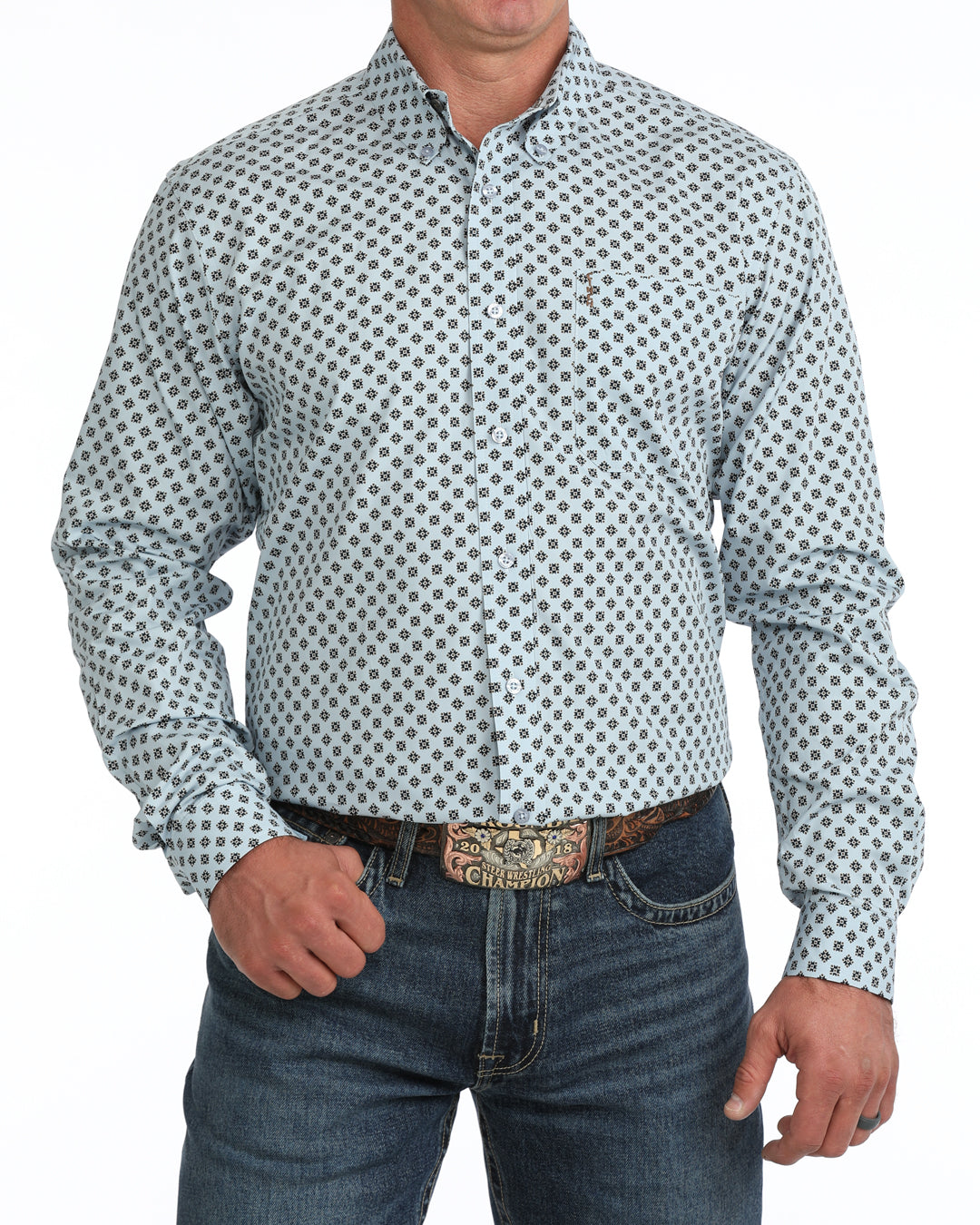Cinch Mens Long Sleeve Print Modern Fit Shirt Light Blue soft aqua ground with navy and white medallion print western clothing Utah SKU MTW1347166
