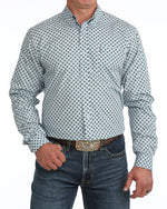 Cinch Mens Long Sleeve Print Modern Fit Shirt Light Blue soft aqua ground with navy and white medallion print western clothing Utah SKU MTW1347166