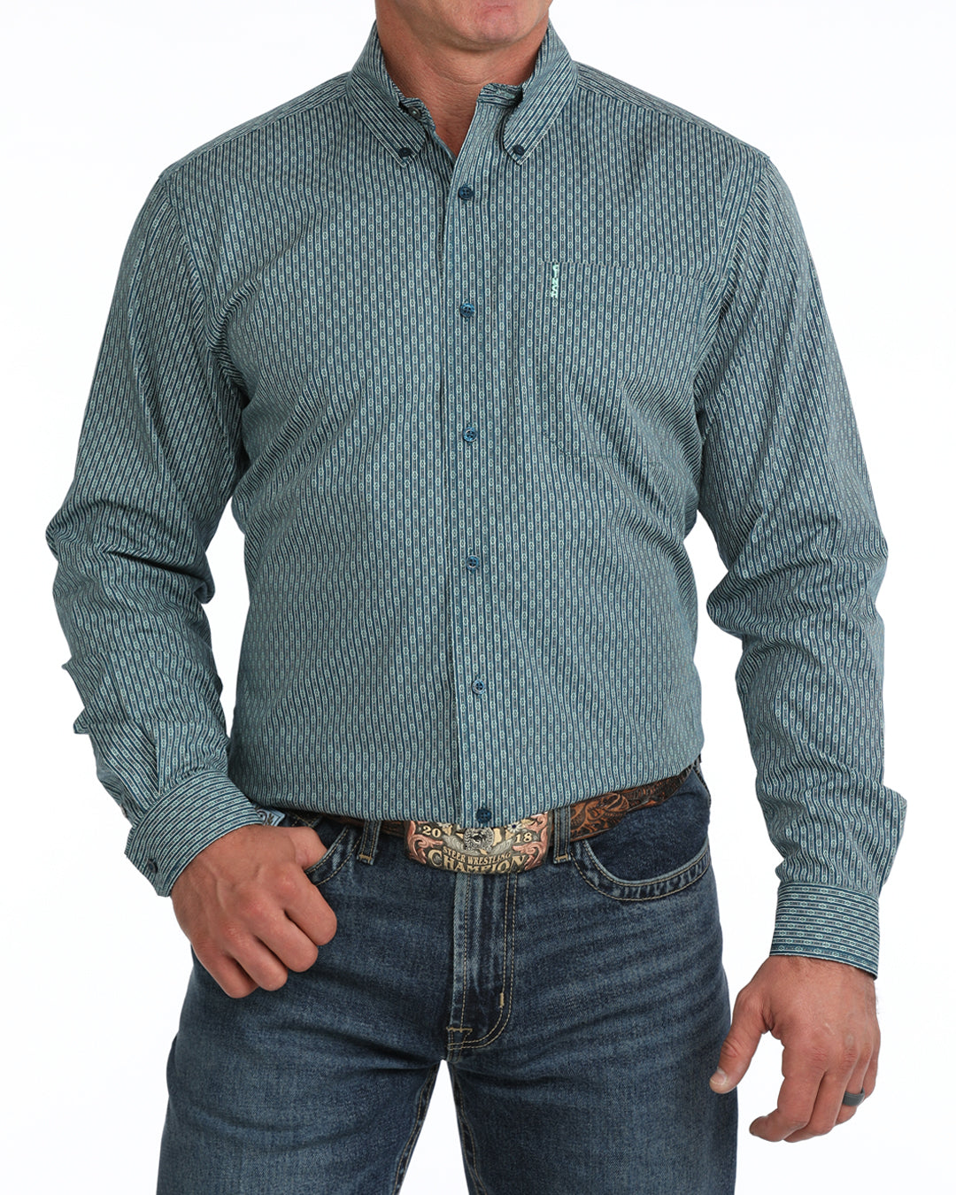 Cinch Mens Modern Fit Button Down Western Shirt Blue blue printed cotton long sleeve shirt mens western clothing Utah SKU MTW1347168BLU