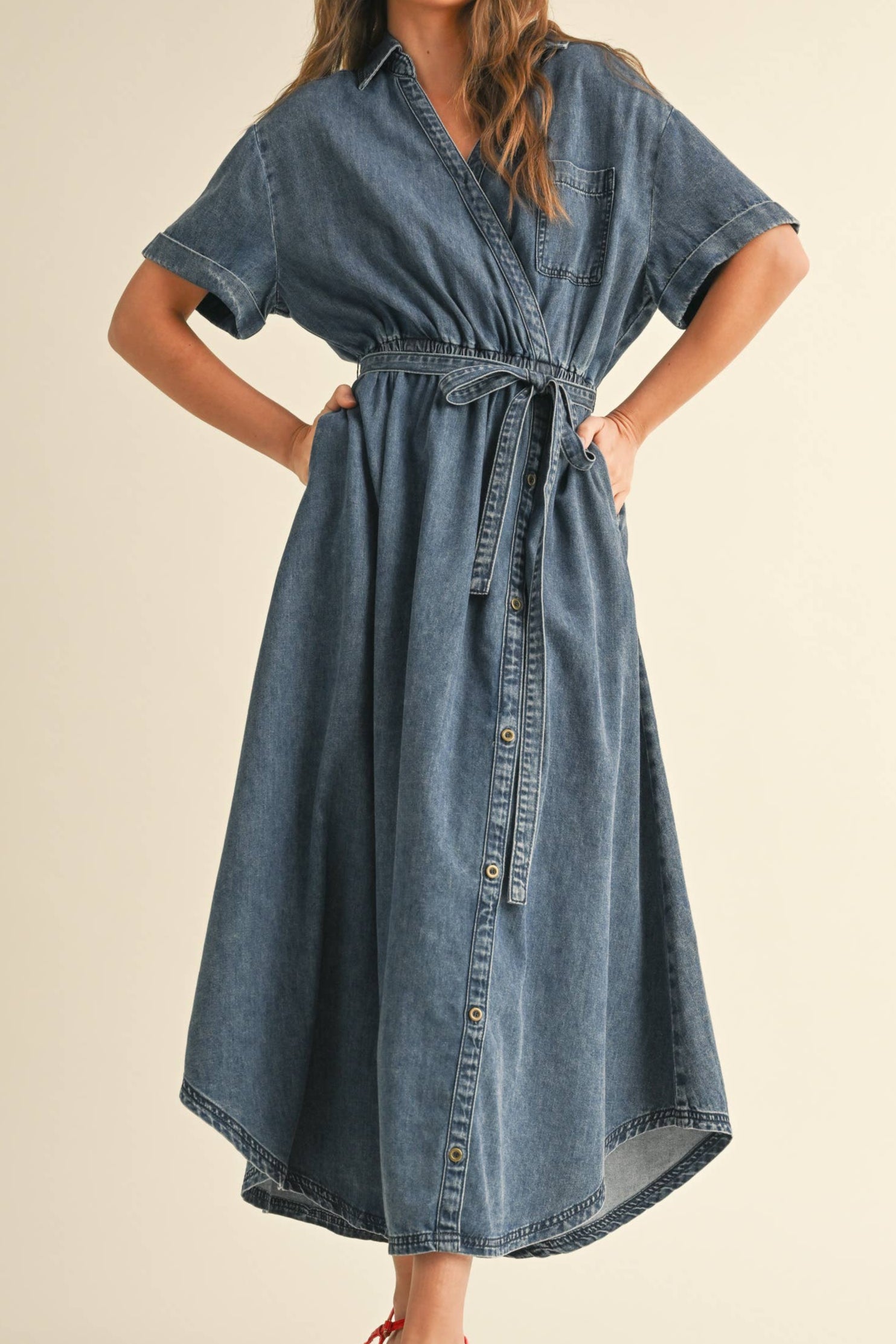 Mabel Asymmetric Button Denim Womens Shirt Dress with button detail and waist tie order today at boltranchstore.com