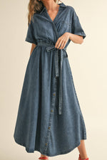 Mabel Asymmetric Button Denim Shirt Dress womens blue denim tie waist flattering summer short sleeve dress at Bolt Ranch Store