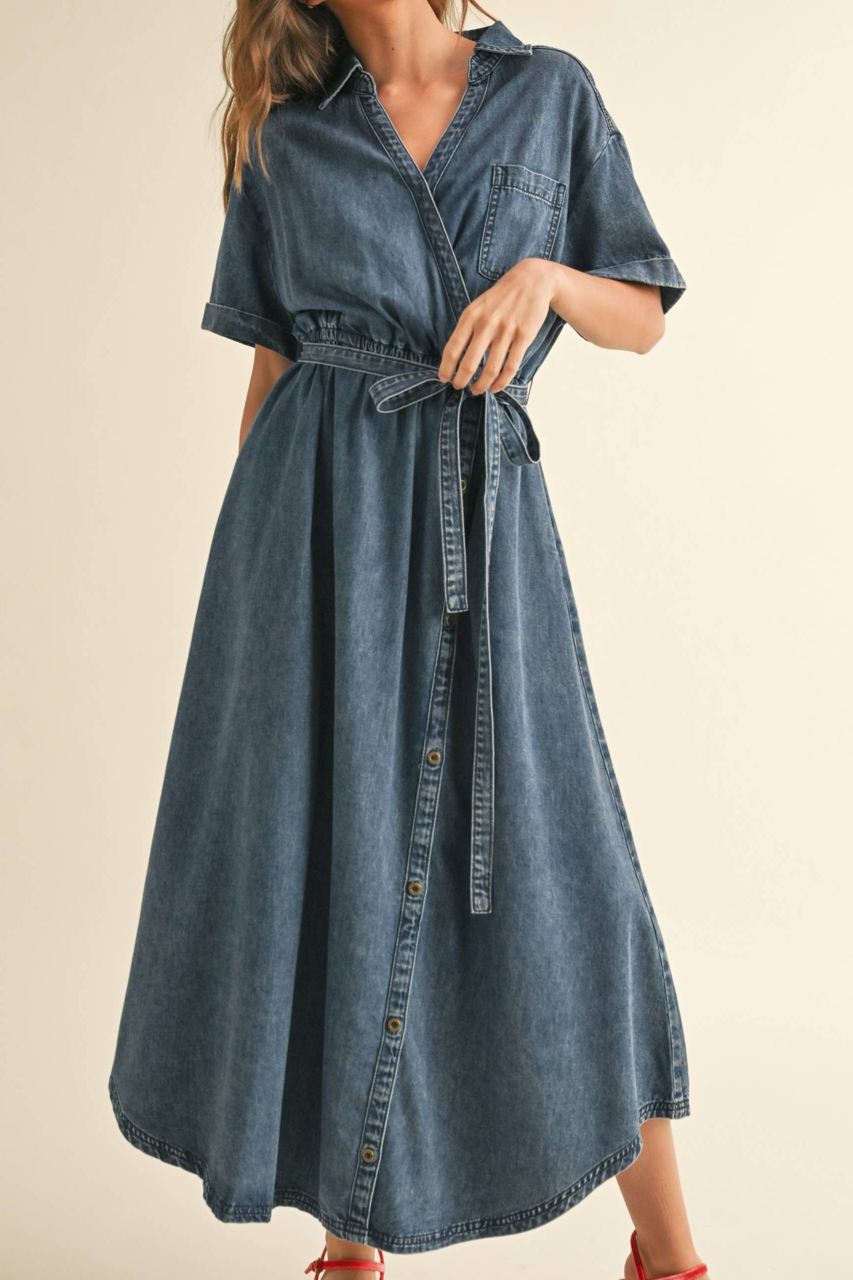 Mabel Asymmetric Button Denim Shirt Dress womens blue denim tie waist flattering summer short sleeve dress at Bolt Ranch Store