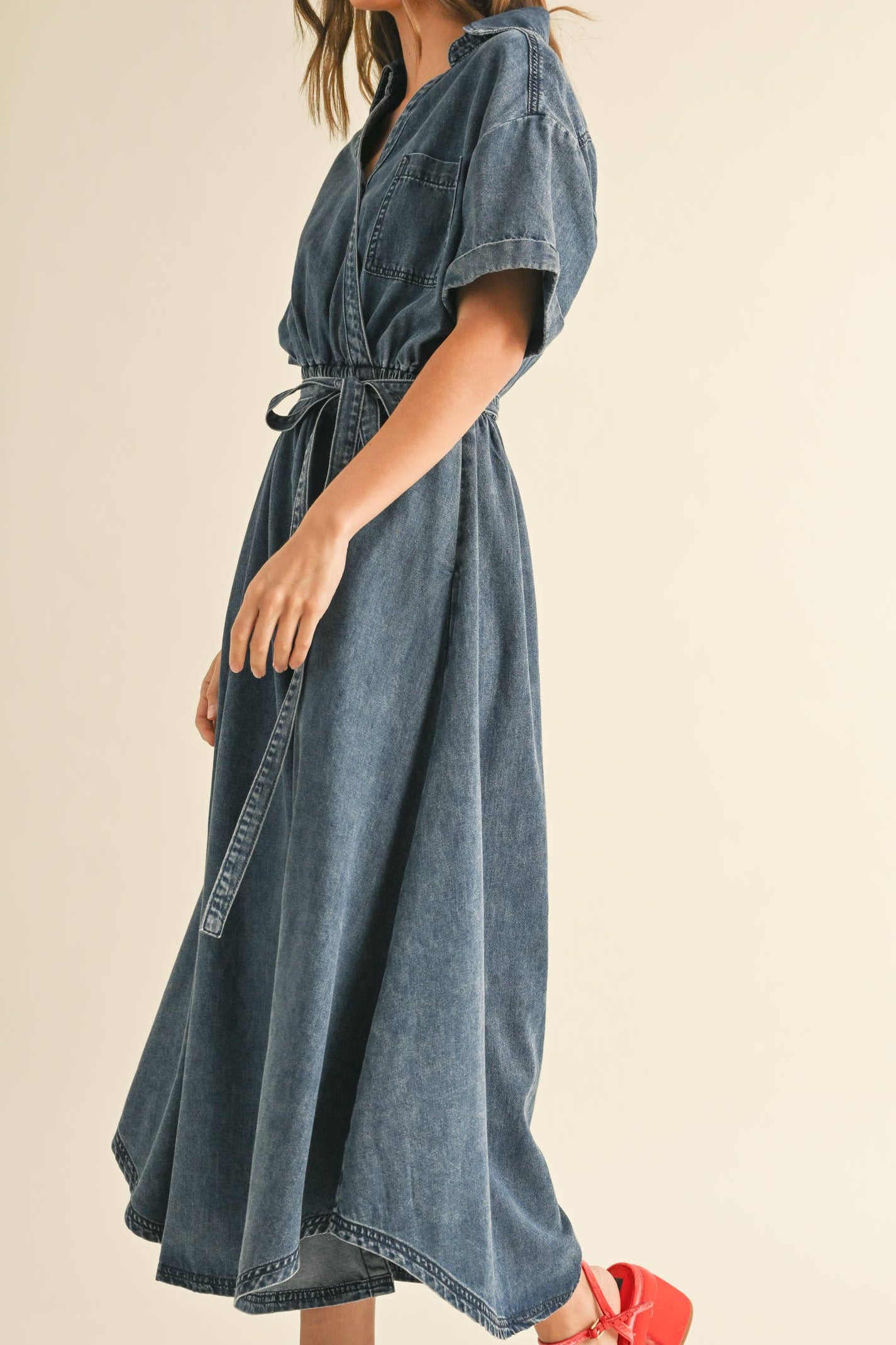 Mabel Asymmetric Button Denim Shirt Dress fits perfect for western attire.
