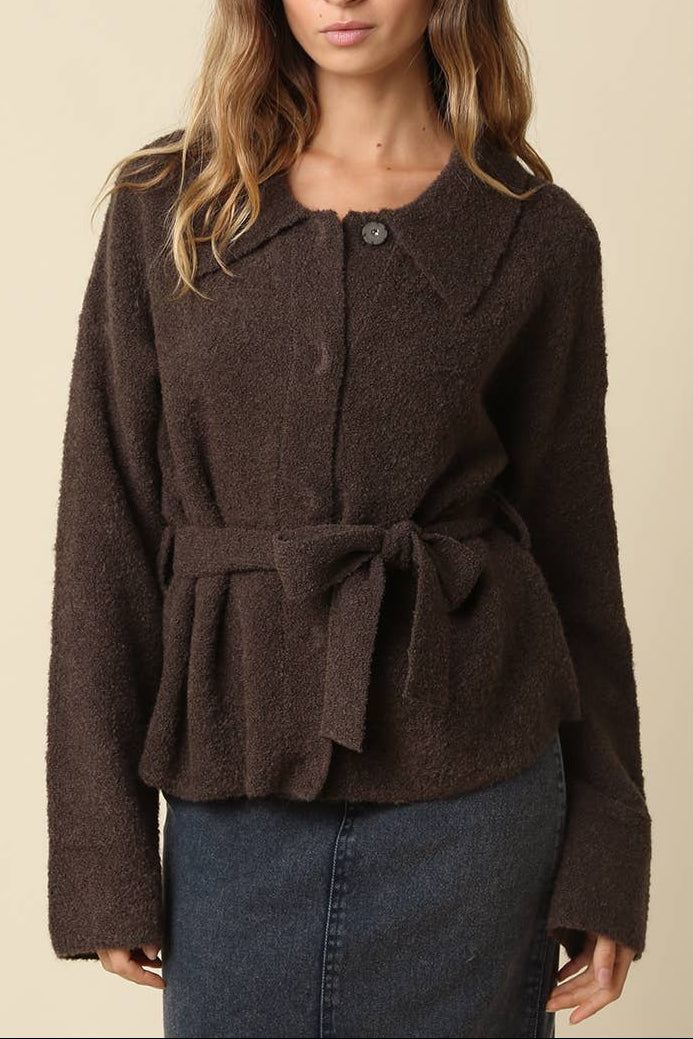 womens fall Maci Belted Knit Jacket coffee brown womens sweater by Olivaceous sold at Bolt Ranch Store