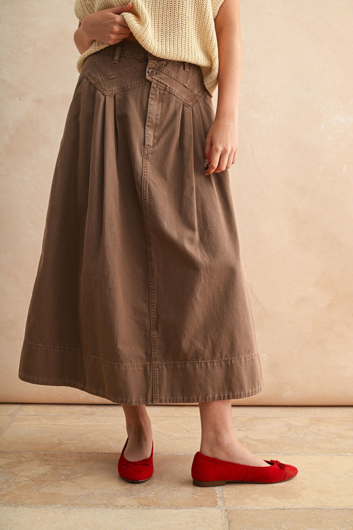 Mackenzie Pleated Midi Skirt a western skirt with side pockets perfect for your favorite boots and western shirt at boltranchstore.com