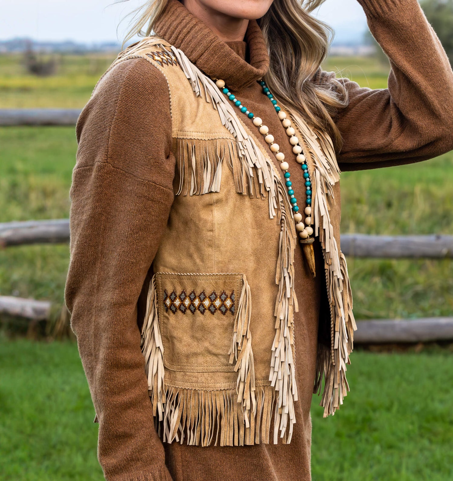 Womens western fashion Utah boutique Anna Leather Fringe Vest Tan SKU ANNATAN Bolt ranch store Madison Creek Anna Leather Fringe Vest in stock at bolt ranch store in kamas utah 