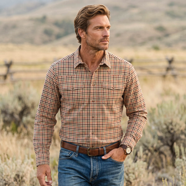 Madison Creek Bisley Harvest Check Shirt a green rust and black checked shirt button up shirt 