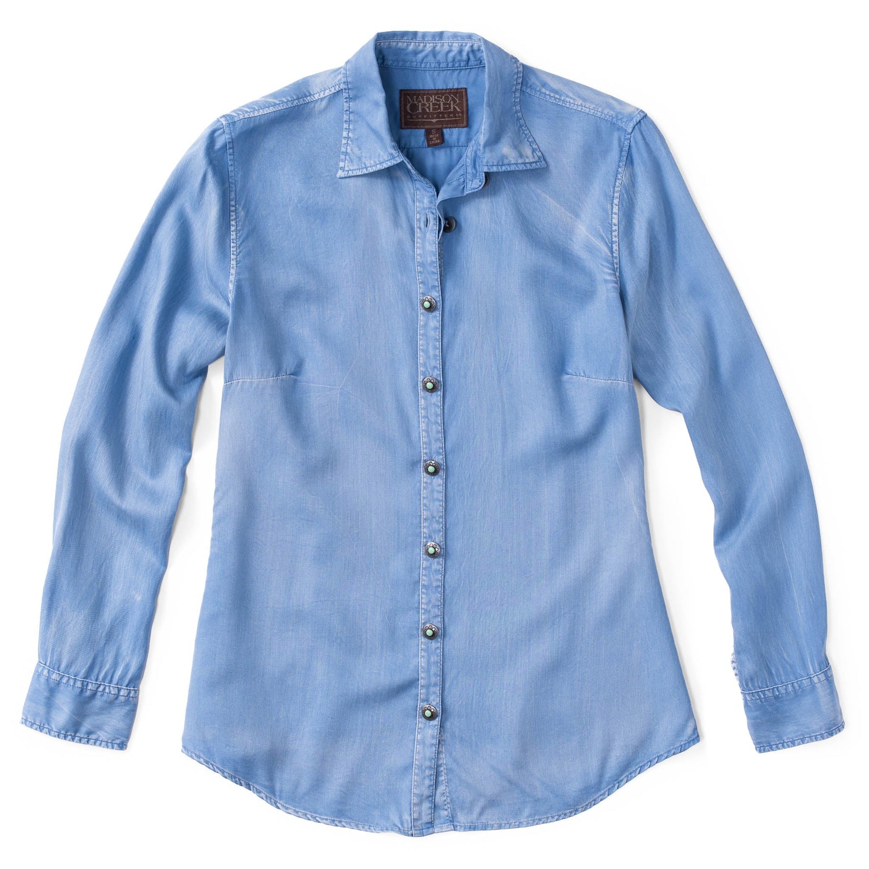 Womens western boutique Utah womens fashion Claire Signature Blend Solid Shirt Blue SKU CLAIRE25BLU Madison Creek Claire Signature Blend Solid Shirt in stock at bolt ranch store in kamas utah 