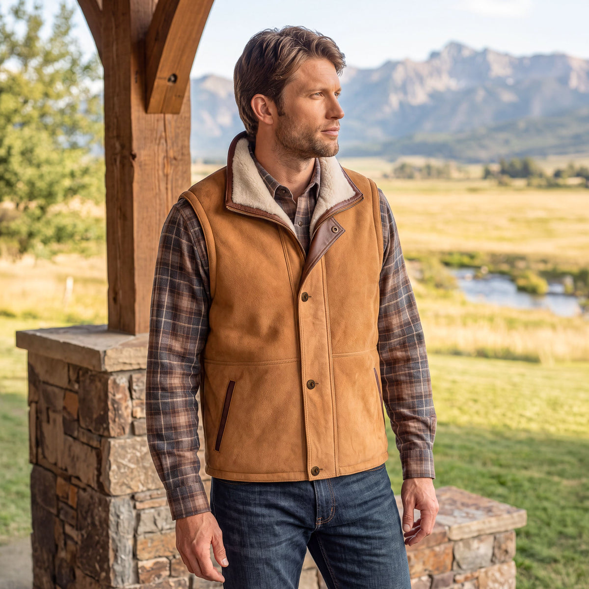 Madison Creek Outfitters Pitkin Sheepskin Vest Tan tan lambskin shearling vest with supple suede exterior western clothing Utah SKU 120