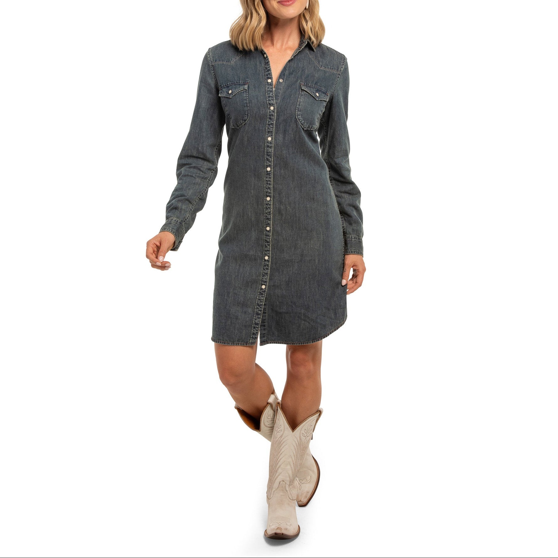 Western womens clothing womens fashion rodeo Savannah Denim Shirt Dress Indigo Denim SKU SAVIND Madison Creek Savannah Denim Shirt Dress in stock at bolt ranch store in kamas utah