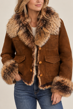 Madison Creek Womens Lynn Toscano Shearling Jacket in tobacco three front buttons, 4 front pockets with flaps and a fur collar and cuffs at boltranchstore.com