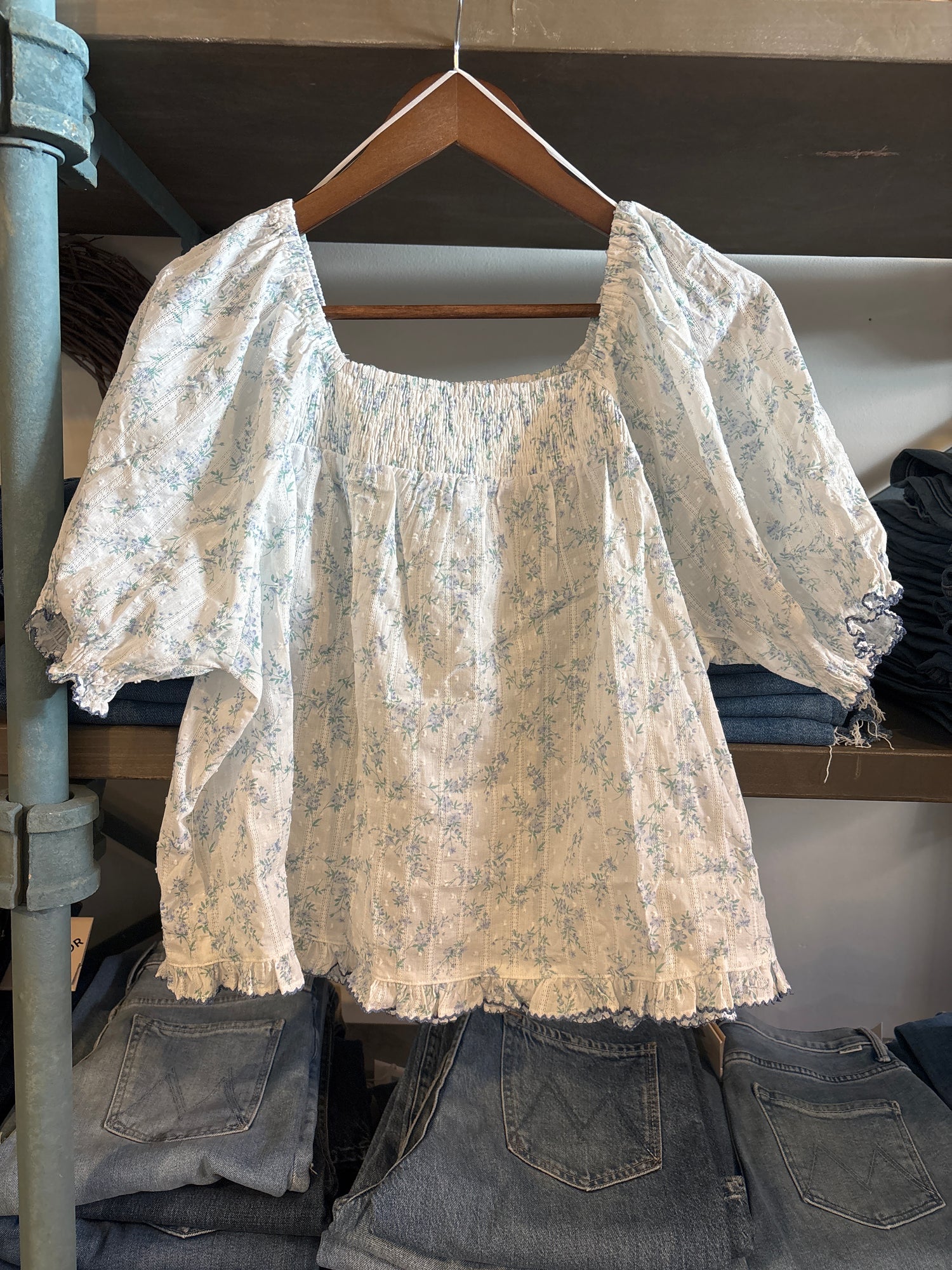 Maeve Womens Top floral short sleeve ruffle shirt at Boltranchstore.com Things Between TBT14434 summer spring blue