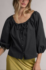 Margie Gingham Peasant Blouse womens navy gingham Functional Buttons Elastic Cuff Sleeves Boltranchstore.com Free Shipping