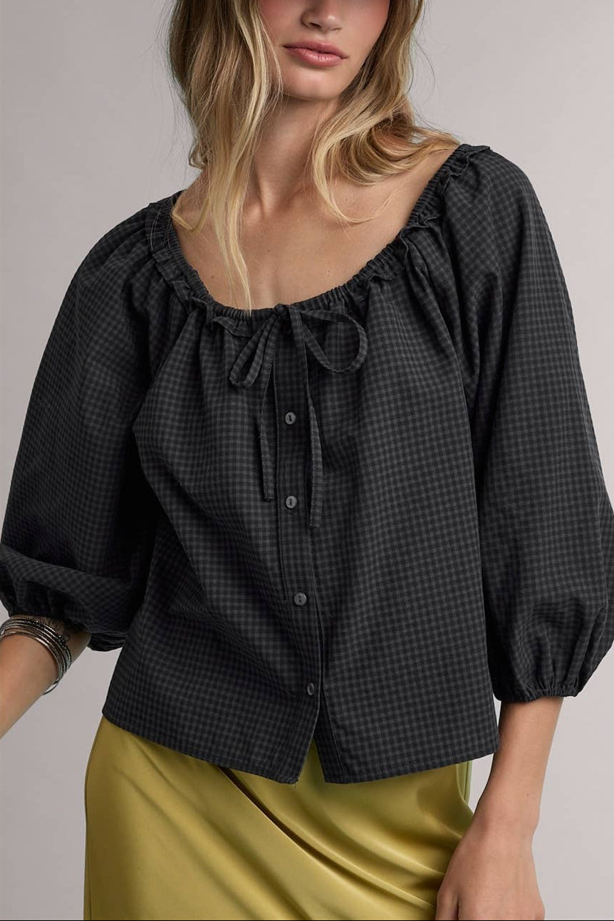 Margie Gingham Peasant Blouse womens navy gingham Functional Buttons Elastic Cuff Sleeves Boltranchstore.com Free Shipping