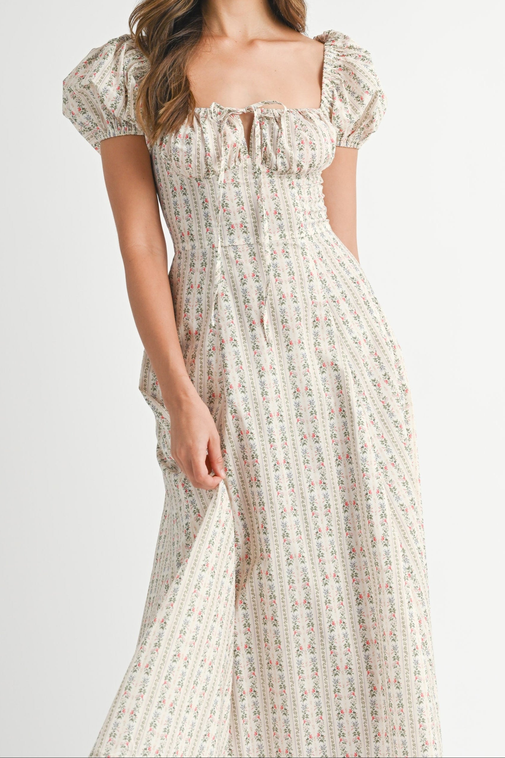 Martha Stiped Print Puff Sleeve Midi Dress