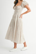 Martha Stiped Print Puff Sleeve Midi Dress