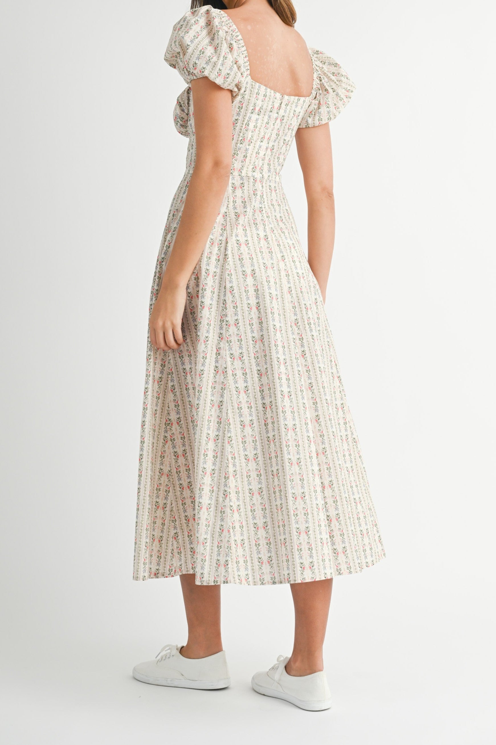 Martha Stiped Print Puff Sleeve Midi Dress