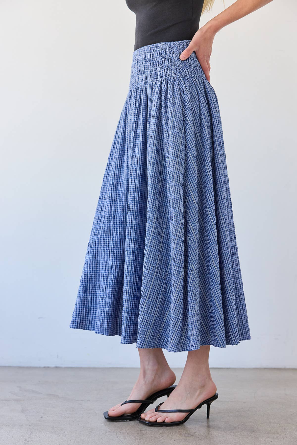 Maye Smocked Waist Skirt blue checkered womens stretch skirt summer prairie Ballerina Farms stretchy cute popular Boltranchstore.com Free Shipping