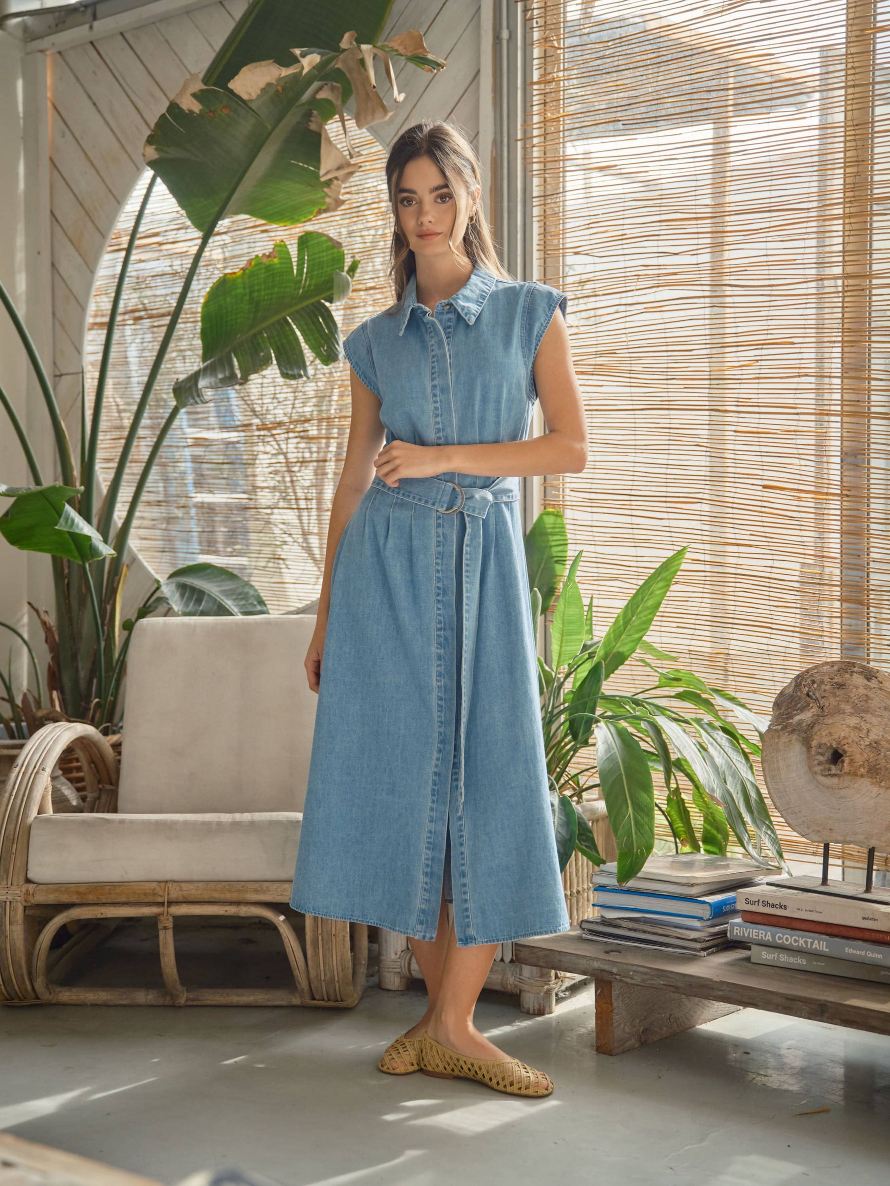 Meadow Denim Midi Dress a midi dress in a collar sleeveless dress at boltranchstore.com