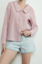 Megan Checkered Ruffled Edge Blouse at boltranchstore.com womens plaid peter pan collar top pink and white plaid button down free shipping