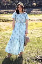 Mehar Belted Maxi Dress Blue Sky floral belt womens summer spring casual flowy dress button short flutter sleeve at Boltranchstore.com