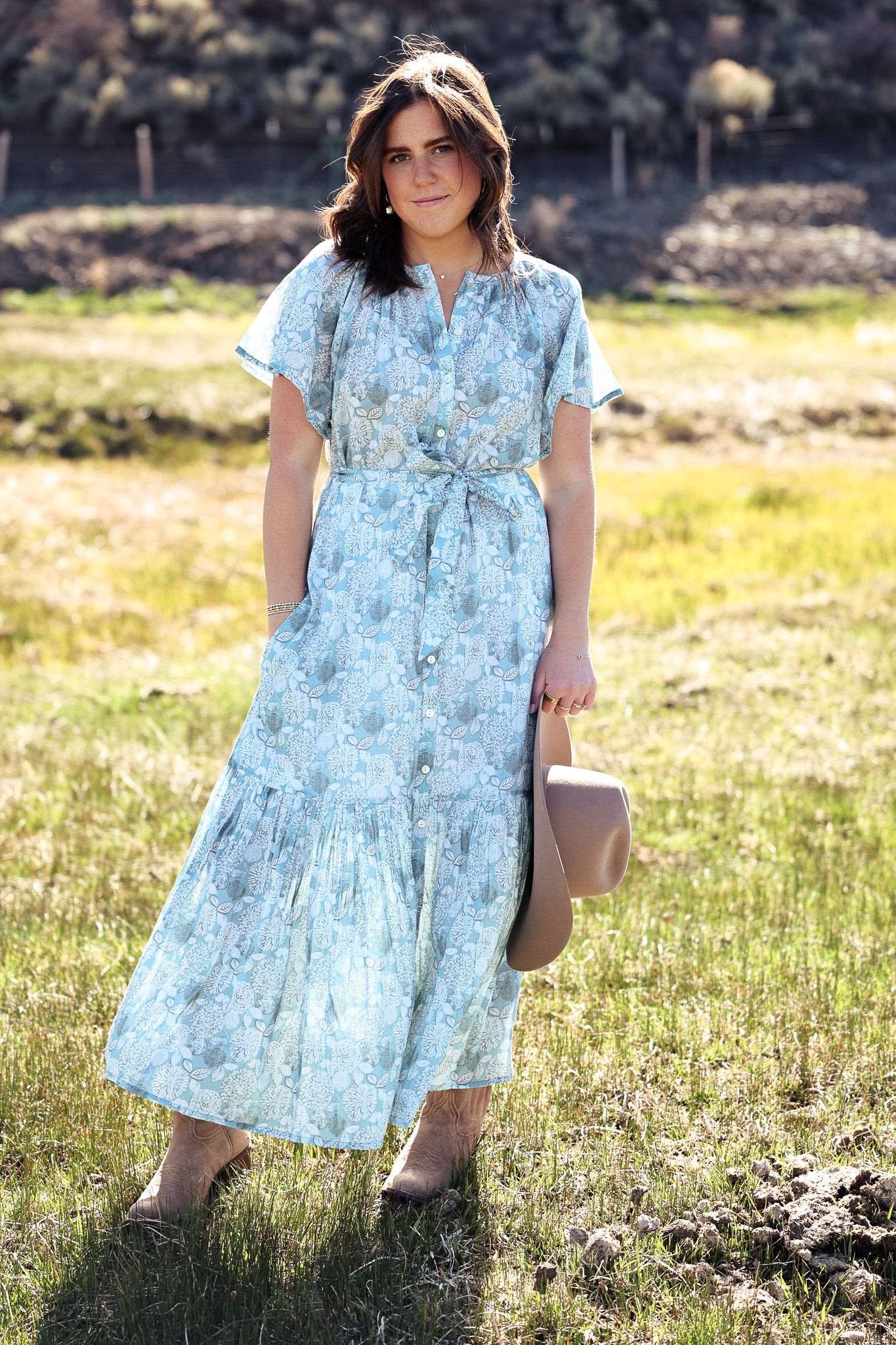 Mehar Belted Maxi Dress Blue Sky floral belt womens summer spring casual flowy dress button short flutter sleeve at Boltranchstore.com