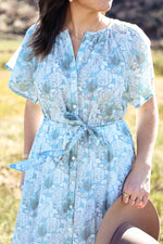 Mehar Belted Maxi Dress Closeup Bolt Ranch Store hydrangea floral dress blue and white casual comfortable spring summer popular dresses boltranchstore.com