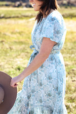Mehar Belted Maxi Dress Closeup Bolt Ranch Store hydrangea floral dress blue and white casual comfortable spring summer popular dresses boltranchstore.com
