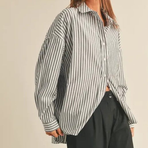 Mia Striped Pattern Button-down Womens Oversized Shirt - Charcoal, White