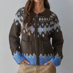 Mia Fair Isle Zip Up Cardigan brown knit zip-up cardigan with a blue and white Fair Isle pattern bolt ranch store fall sweaters