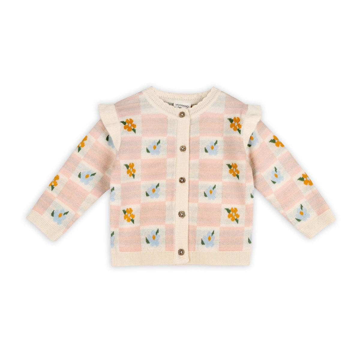 Mia Jacquard Knit Baby Cardigan Floral patterned cardigan with pink and white checkered pattern with brown buttons 
