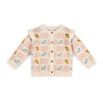 Mia Jacquard Knit Baby Cardigan Floral patterned cardigan with pink and white checkered pattern with brown buttons 