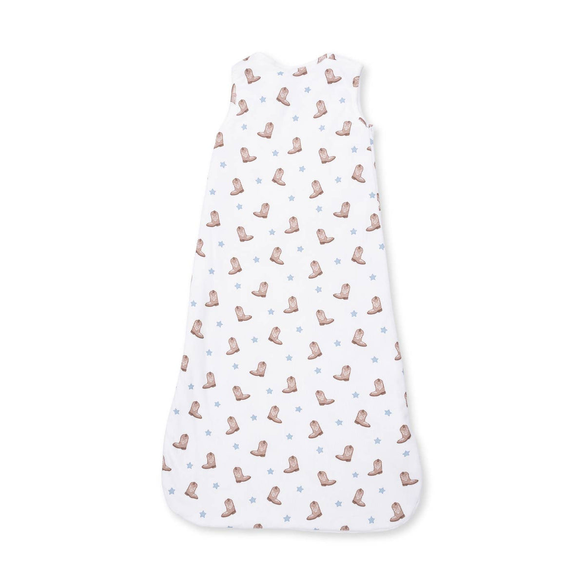 Mini Cowboy Boots Sleep Bag at boltranchstore.com in stock free shipping kids sleep sack A white baby sleep sack with a repeating pattern of brown cowboy boots and small light blue star 