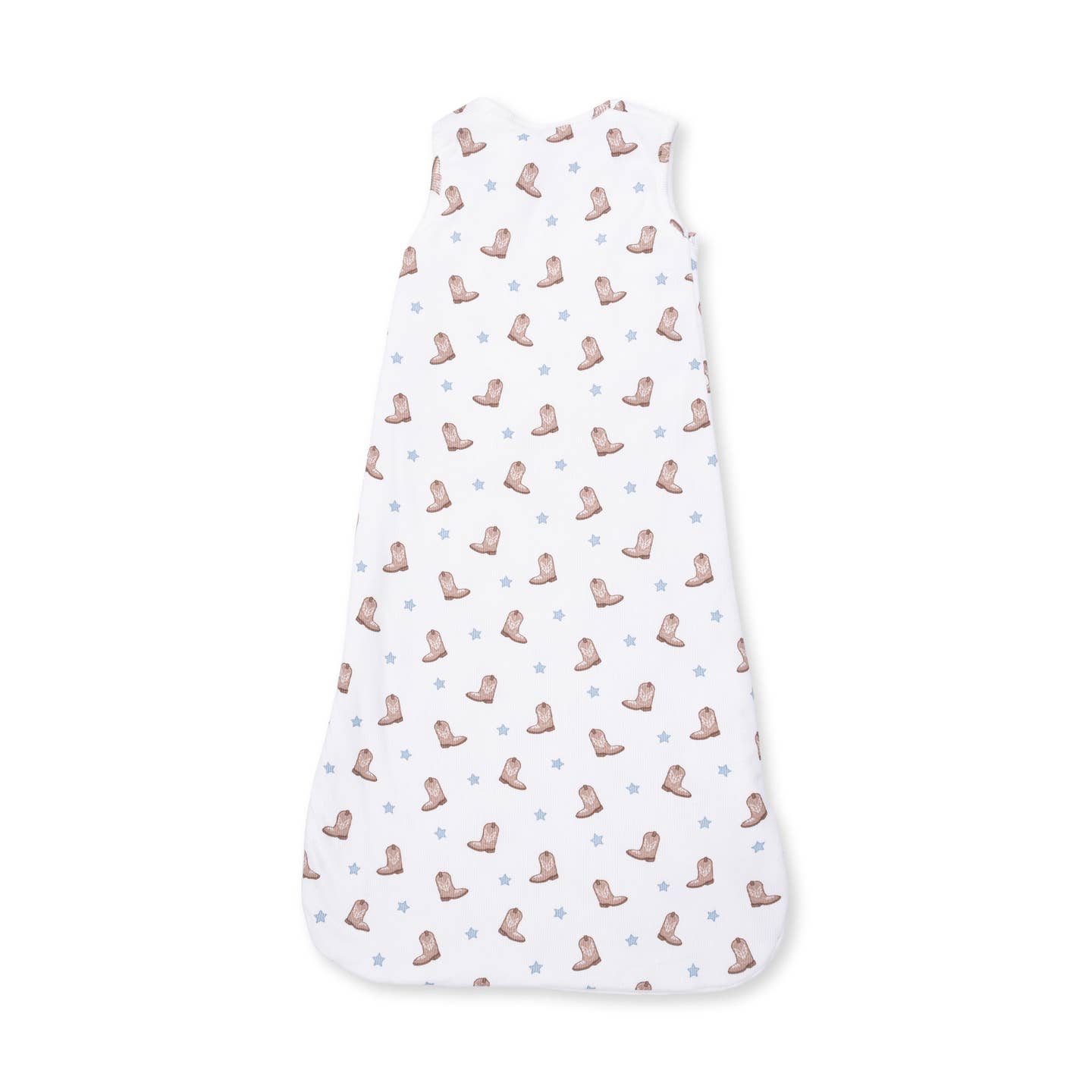 Mini Cowboy Boots Sleep Bag at boltranchstore.com in stock free shipping kids sleep sack A white baby sleep sack with a repeating pattern of brown cowboy boots and small light blue star 