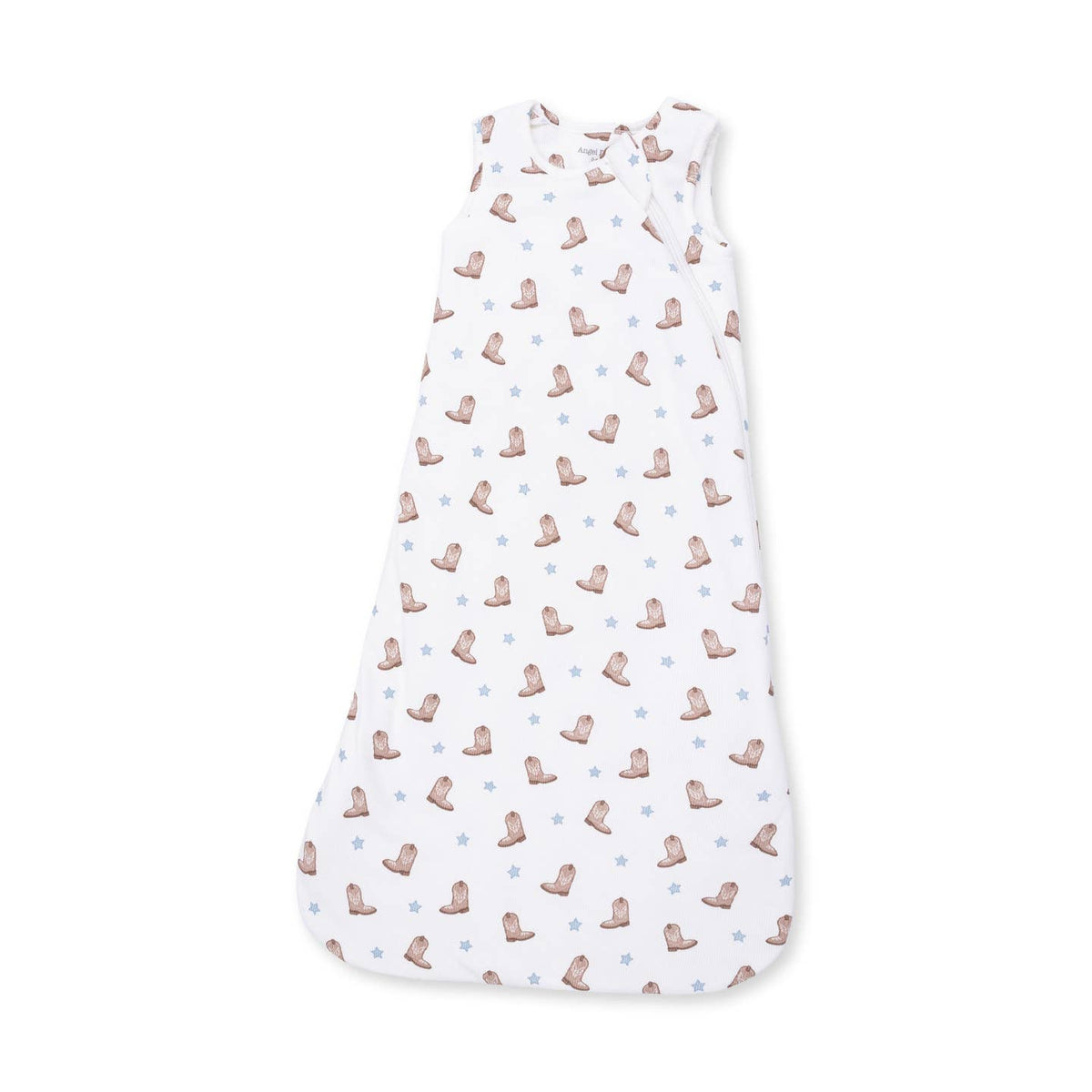 A sleeveless baby sleep sack with a white background, featuring a repeating pattern of small brown cowboy boots and light blue star Mini_Cowboy_Boots_Sleep_Bag_at_boltranchstore.com in stock free shipping 