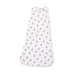 A sleeveless baby sleep sack with a white background, featuring a repeating pattern of small brown cowboy boots and light blue star Mini_Cowboy_Boots_Sleep_Bag_at_boltranchstore.com in stock free shipping 