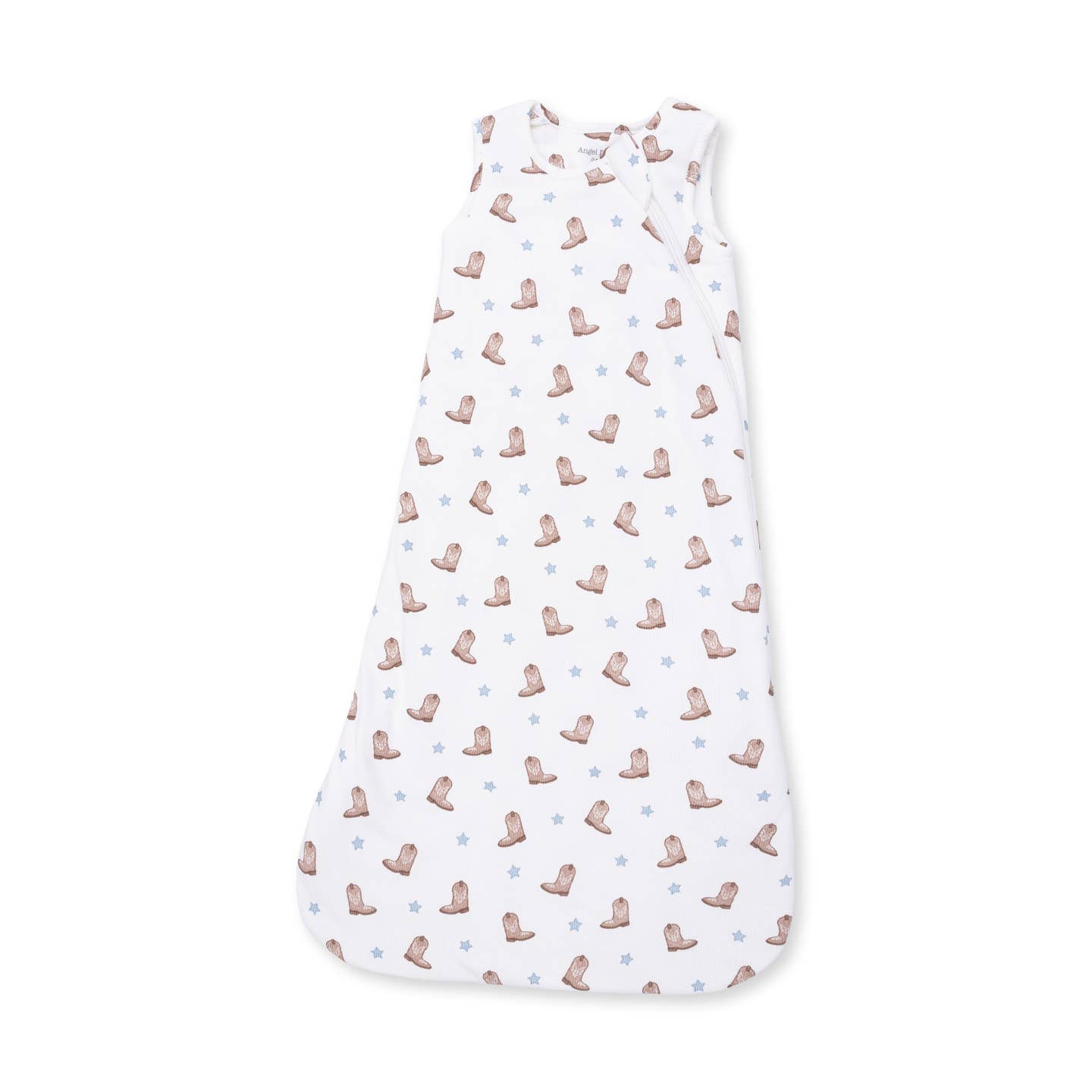 A sleeveless baby sleep sack with a white background, featuring a repeating pattern of small brown cowboy boots and light blue star Mini_Cowboy_Boots_Sleep_Bag_at_boltranchstore.com in stock free shipping 