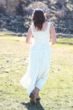 Missy Floral Gathered Square Neck Midi Dress womens prairie yellow dress back sleeveless white summer spring party at Boltranchstore.com