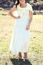 Missy Floral Gathered Square Neck Midi Dress womens white and yellow floral casual prairie dress sleeveless summer western Boltranchstore.com