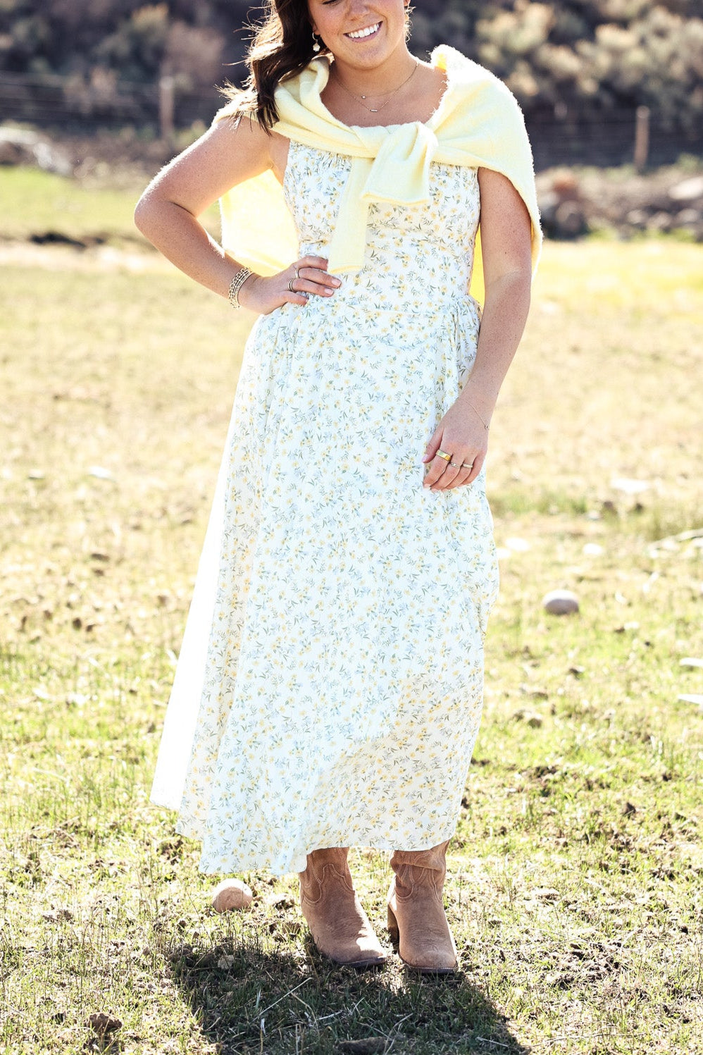 Missy Floral Gathered Square Neck Midi Dress womens white and yellow floral casual prairie dress sleeveless summer western Boltranchstore.com