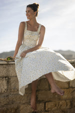 Missy Floral Gathered Square Neck Midi Dress floral print ruched square neck at boltranchstore.com