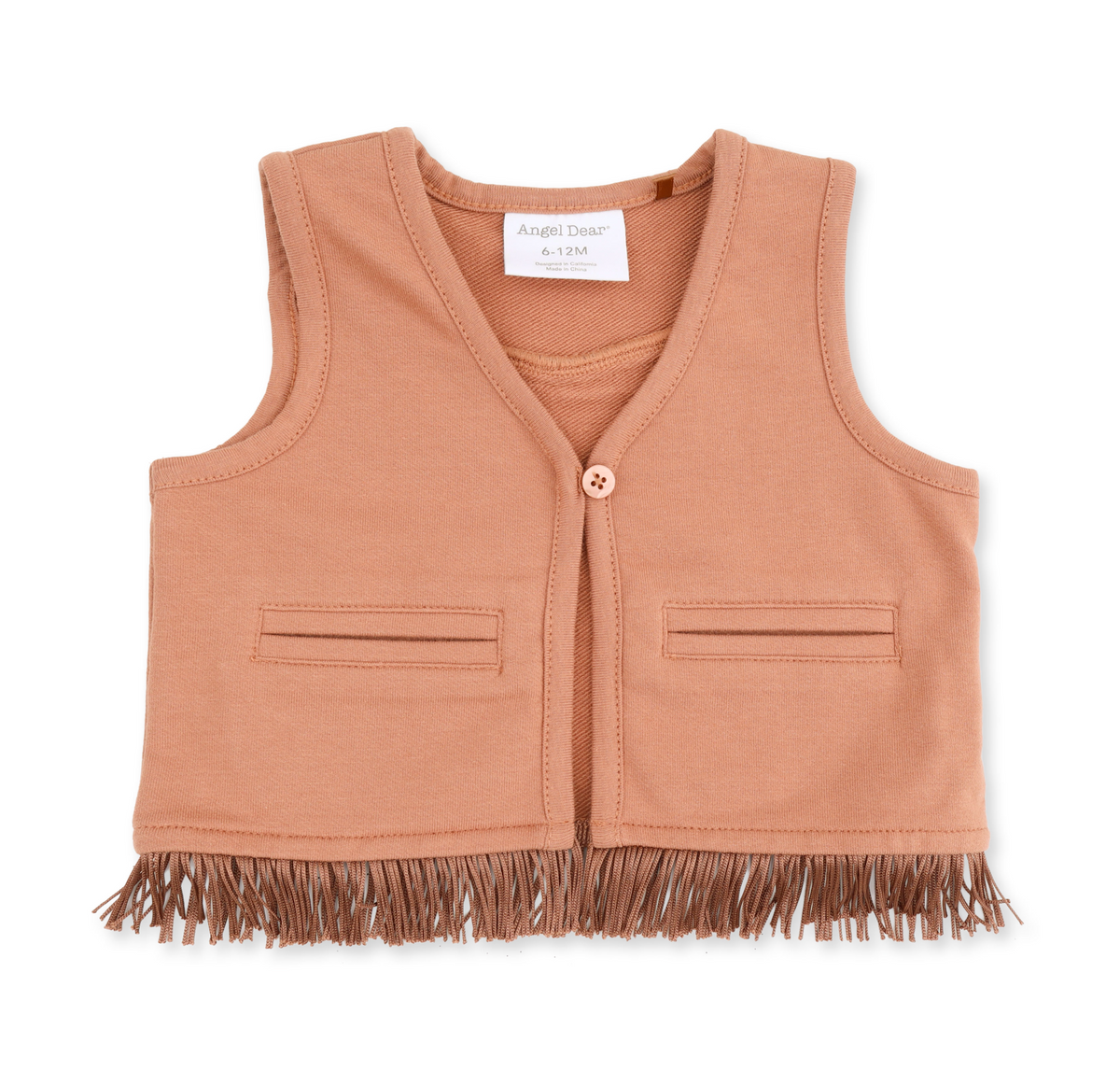 A sleeveless dusty rose vest with a button closure, two front flap pockets, and fringe trim along the hem, shown flat on a white background. The brand label reads 'Angel Dream'. Mocha Mousse Western Fringe Vest Shop today at boltranchstore.com