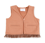 A sleeveless dusty rose vest with a button closure, two front flap pockets, and fringe trim along the hem, shown flat on a white background. The brand label reads 'Angel Dream'. Mocha Mousse Western Fringe Vest Shop today at boltranchstore.com
