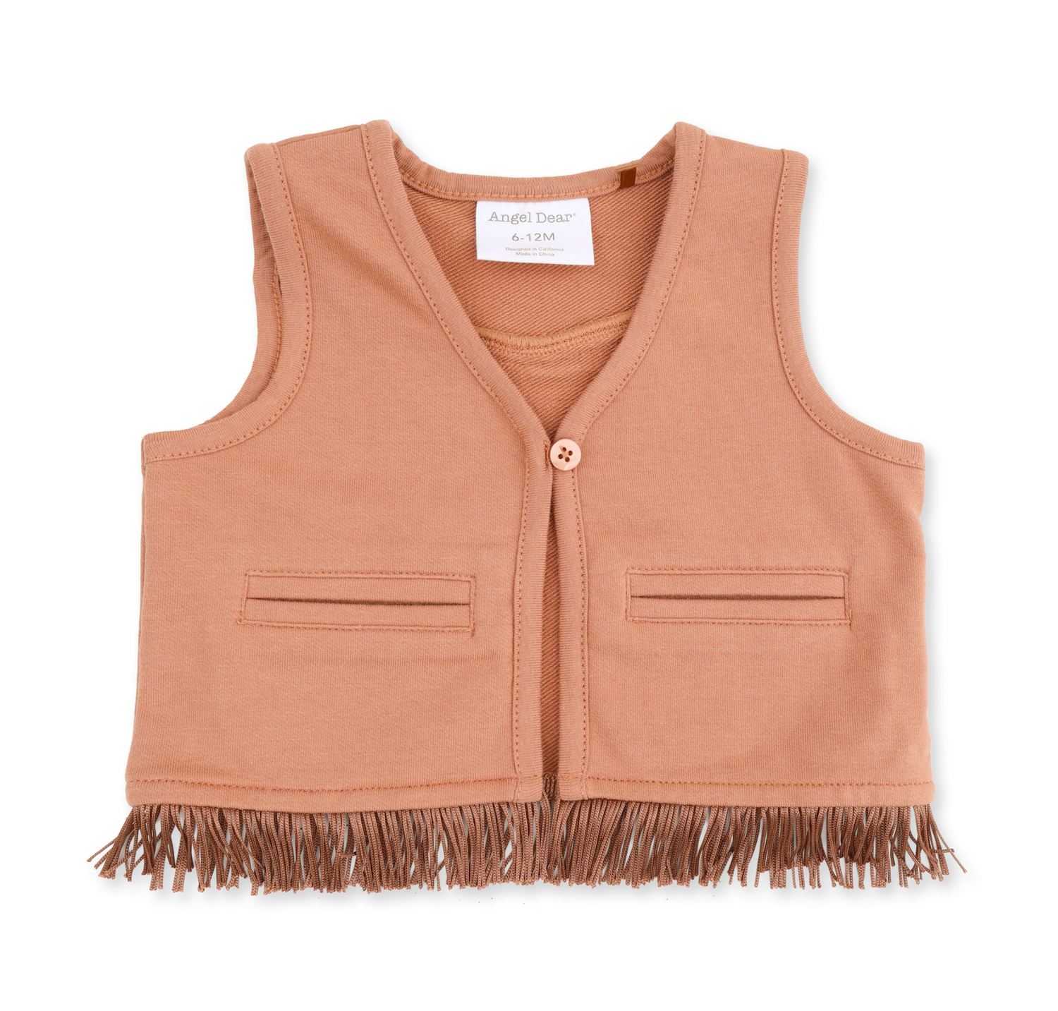 A sleeveless dusty rose vest with a button closure, two front flap pockets, and fringe trim along the hem, shown flat on a white background. The brand label reads 'Angel Dream'. Mocha Mousse Western Fringe Vest Shop today at boltranchstore.com