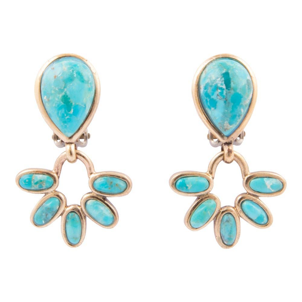 A pair of gold-toned drop earrings featuring a teardrop-shaped turquoise stone at the top and a dangling petal-like cluster of smaller turquoise stones below, Mojave Blue Turquoise Golden Clip Earrings at boltranchstore.com free shipping womens earrings