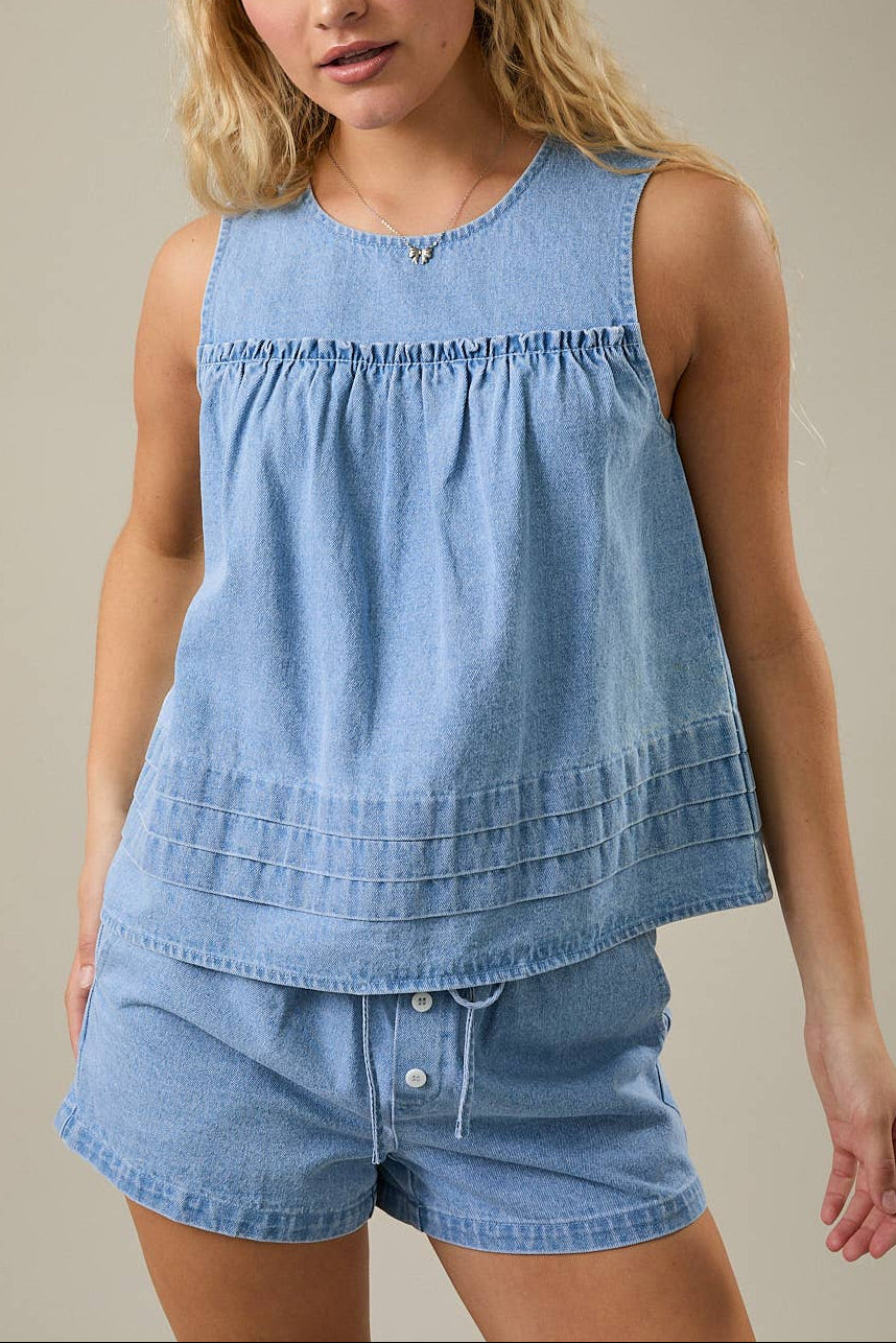Molly Flare Denim Top gathered detail sleeveless womens denim summer top Boltranchstore.com Free Shipping Le Lis