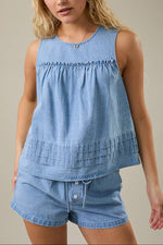 Molly Flare Denim Top gathered detail sleeveless womens denim summer top Boltranchstore.com Free Shipping Le Lis