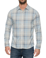 Flag & Anthem Morse Men's Hero Knit Flannel Shirt in light cream and blue plaid, featuring a button-down front, long sleeves, and a relaxed casual fit available at boltranchstore.com
