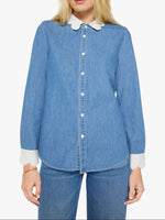 Mother The Frilly Foxy Boxy Shirt at boltranchstore.com  free shipping womens western shirt in stock Woman wearing a blue denim shirt with a white collar 